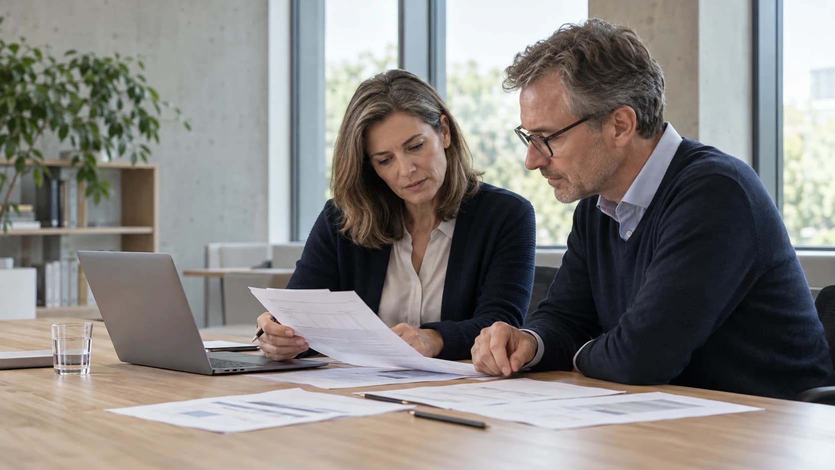 Zwei Fachprüfer vergleichen Unterlagen und digitale Informationen an einem gemeinsamen Arbeitstisch.